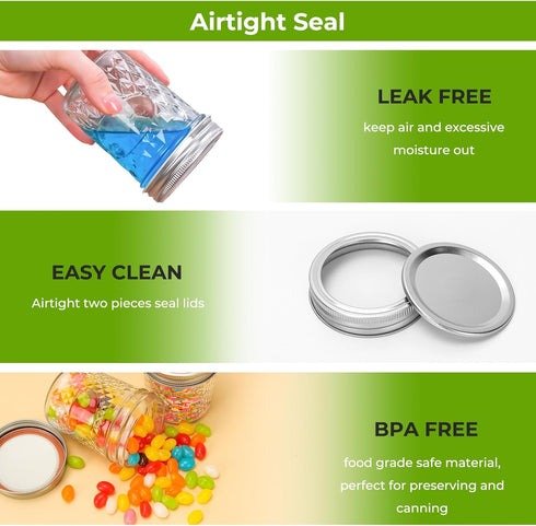 8 oz Bands,24 Pack Jars,240 ml Keketin Mason Jars with Airtight Lids and Regular Mouth Canning Glass Mason Jar Diamond