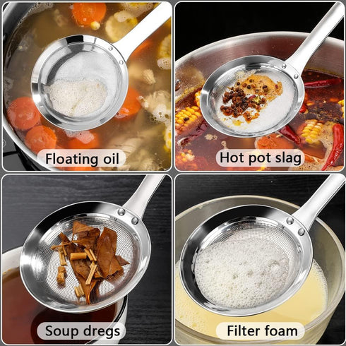 Kitchen Skimmer Strainers Set, Stainless Steel Mesh Colanders with Handle for Cooking Vegetable Strainer