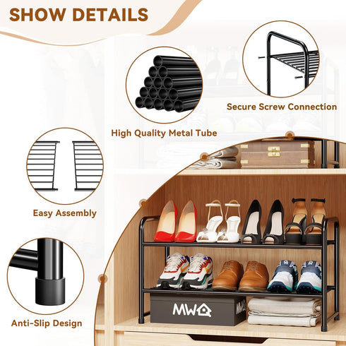 2 Closet 27 Inch Tier Shoe Rack, Metal Shoe Shelf Organizer for Entryway, Garage, Stackable, Black