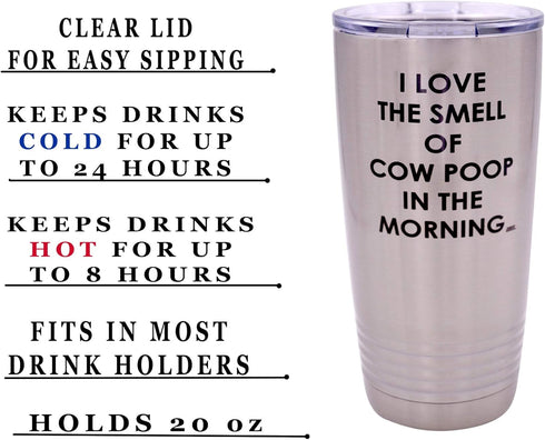 Rogue River Tactical Funny Farmer I Love the Smell of Cow Poop Travel Tumbler Mug Cup with Lid