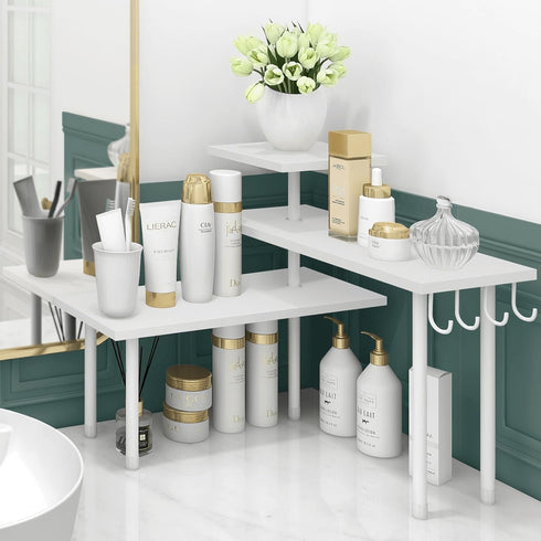Homode Kitchen Countertop Organizer Corner Shelf, 3 Tier Wood Shelf for Makeup, Bathroom Storage, White