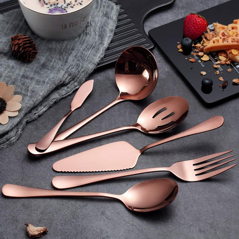 6-Piece Copper Serving Flatware Set, Stainless Steel Utensil Set, Includes Cake Server, Spoons, Fork, Knife
