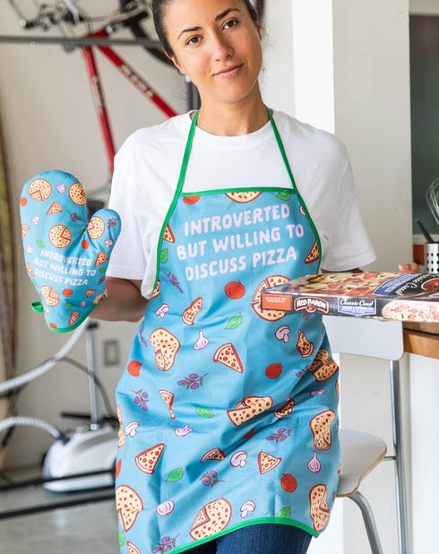 Introverted But Willing to Discuss Pizza Funny Graphic Kitchen Accessories, Cool Food Novelty Cookware Blue Oven Mitt