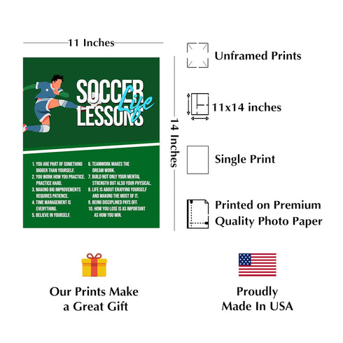 Soccer Life Lessons Motivational Wall Print, Positive Affirmations Decor for Home, Locker Room, Classroom, Dorm,