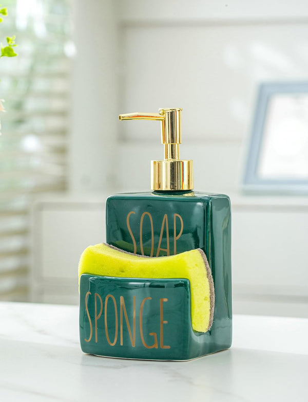 ADAVAS.Y&G Ceramic soap Dispenser with Sponge Holder for Kitchen Sink Bathroom Counter top