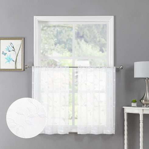 Tollpiz White Leaf Sheer Tier Curtain, 30 x 36 inches, Set of 2 Panels, Embroidered Voile Kitchen Bathroom Treatment