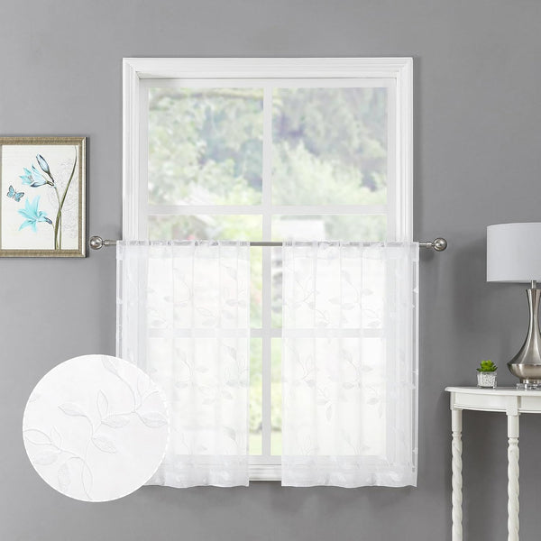 Tollpiz White Leaf Sheer Tier Curtain, 30 x 36 inches, Set of 2 Panels, Embroidered Voile Kitchen Bathroom Treatment