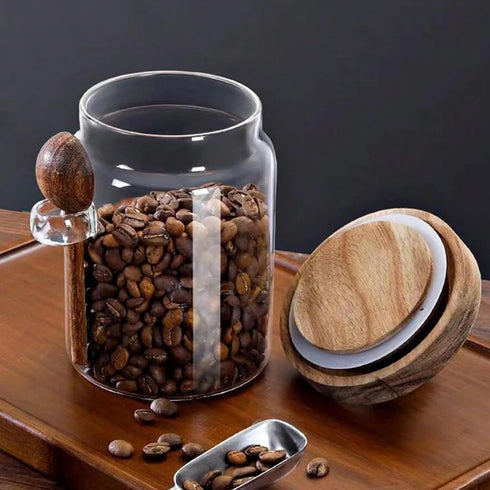 Taefaba Spoon,17 OZ Spice Jars Overnight Oats Containers with Airtight Lid and Wooden Glass Food Storage Canisters