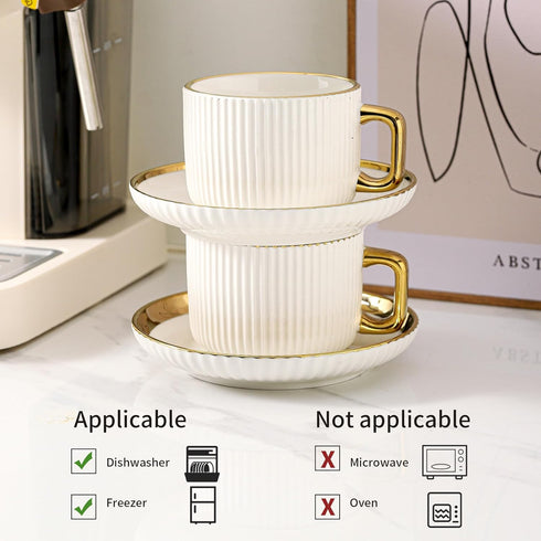 8oz Set, Set 4, LETAOTAO Cappuccino Cups with Saucers, Ceramic Coffee Cups with Saucers Latte Art Coffee Mugs with Gold