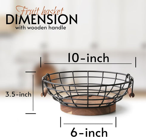Black Wire Fruit Basket with Acacia Wood Base, Large Fruit Bowl for Countertop, Storage for Fruits, Breads, Vegetables