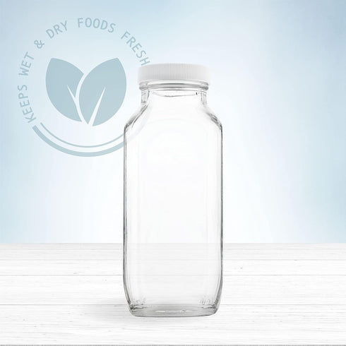 16oz Pack 4 kitchentoolz Square Glass Milk Bottles with Airtight Plastic Lids of | Reusable Milk Containers for Fridge