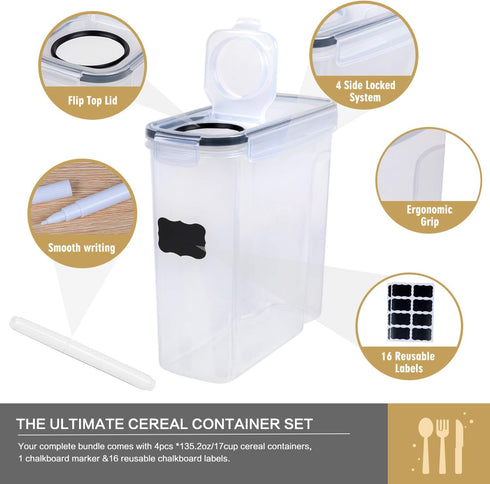 FOOYOO Set 4 Containers(135.2oz), Cereal Containers Storage - Piece Airtight Large Food Storage BPA Free Dispenser