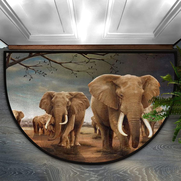 Bathroom Rugs Africa Elephant Half Round Door Mat, Non-Slip Washable Rug for Indoor Outdoor Decor