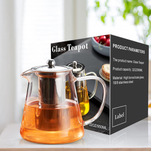 PARACITY Glass Teapot Stovetop 32 OZ, Borosilicate Clear Tea Kettle with Removable Stainless Steel Infuser for Tea