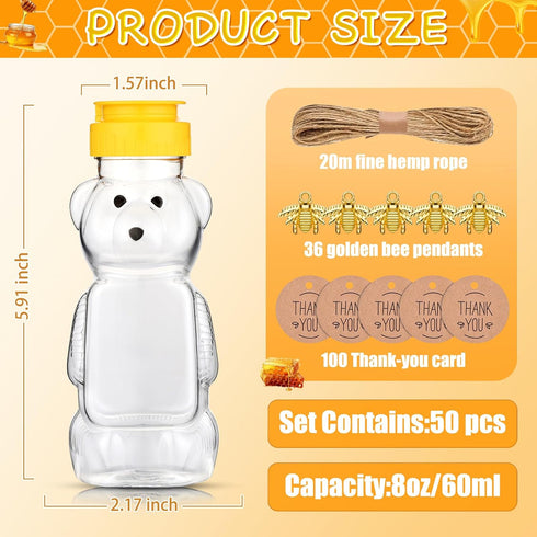 8oz 50 2 (36-set) Plastic Honey Bear Bottle Mini Honey Jars Party Favors Small Honey Bear Bottles with Lids Bear Shape