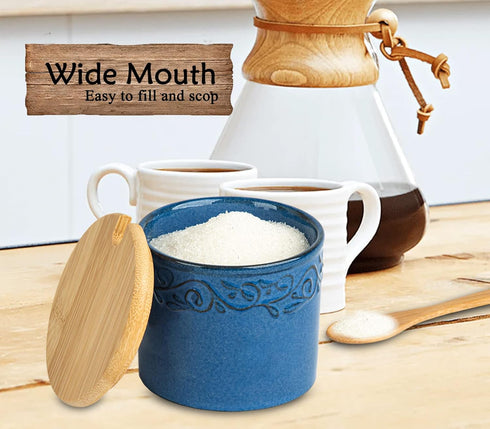 Sugar Bowl With Lid and Spoon, Ceramic Sugar Jar, Blue Sugar Cube Container with Spoon, Sugar Dish