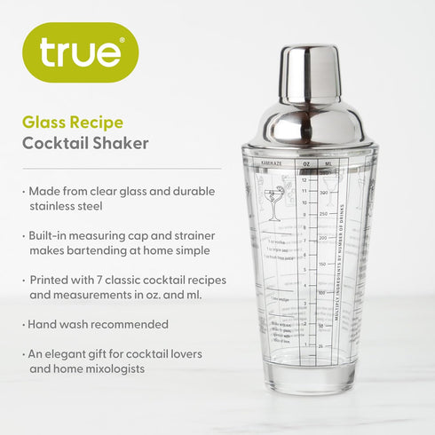 True Glass Cocktail Shaker, 13.5 oz with 7 Classic Recipes and Measurements for Home Bar Accessories