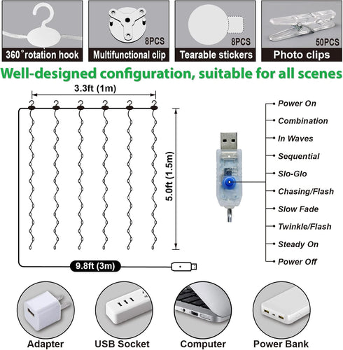 ZSJWL 3.3×5ft Short Curtain Lights with 8 Hook for Small Windows, 96 LED White Photo Clips String Light with Remote