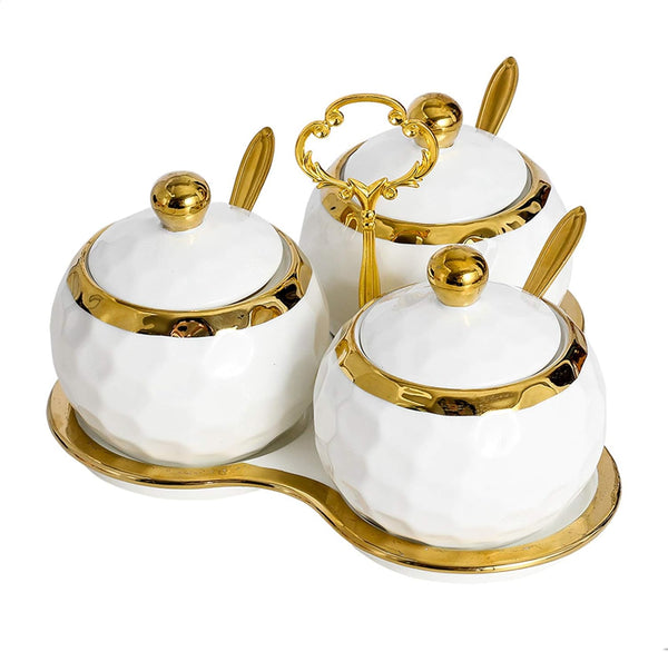 Golf Porcelain Sugar Bowl Condiment Pot, Salt Container with Lid, Spoon and Tray, Set of 3, Modern Spice Box Seasoning