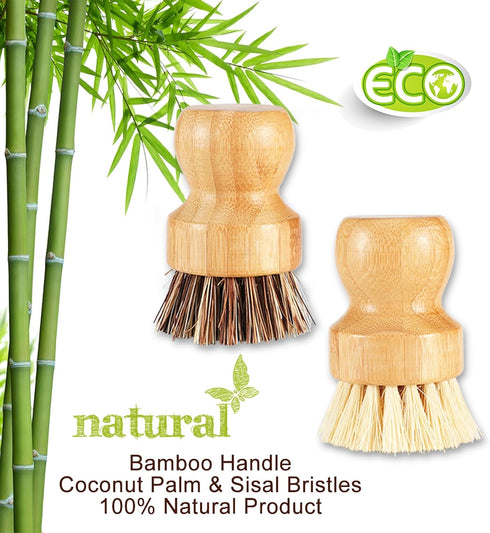 Bamboo Scrub Brush Set, Natural Bristles Palm Pot Brush, 4 Pack Mini Dish Brush with Ceramic Holder