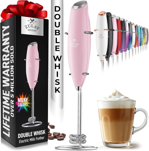 Zulay Kitchen Powerful Double Whisk Milk Frother - Handheld Foam Maker with Stand for Coffee, Pink