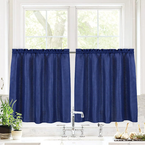 Valea Home Waffle Weave Textured Bathroom Window Curtains, Water Repellent Short Kitchen Tiers 24 inch Length, Navy Blue