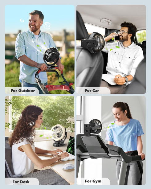 3-in-1 100ML 5200mAh 360 3 Ausic Portable Clip on Fan with Misting & LED Lights & Hook, Baby Stroller Fan, Rechargeable
