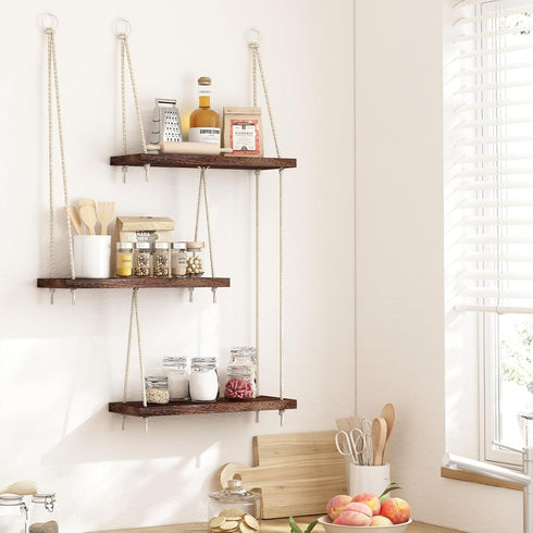 3 Fixwal Hanging Shelves for Wall, Tier Boho Wall Decor Hanging Plant Shelf Floating Shelves Rope Rustic Wood Organizer