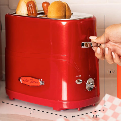Nostalgia Retro Hot Dog and Bun Toaster with Mini Tongs, 2 Slot Cooker for Chicken, Turkey, Veggie Links, Red
