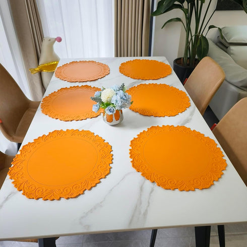 Round Placemat for Dining Table, Set of 6, Orange, PU Waterproof Heat Insulation Stain Resistant Non-Slip Washable Mat