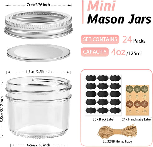 4 oz 24 Pack, 4oz TUZAZO Mini Mason Jars with Lids Small Glass Mason Canning Jars for Jam Jelly Yogurt Dessert, Shower