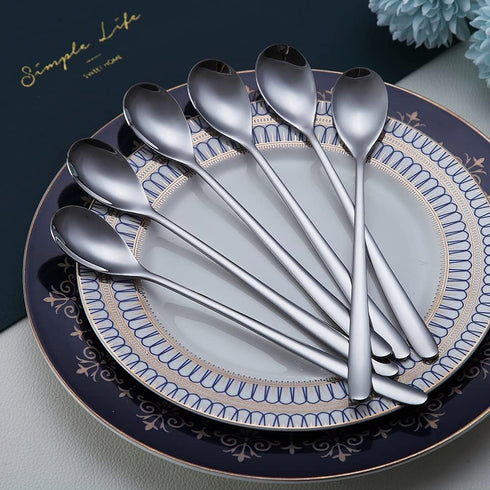 Long Handle Premium Stainless Steel Spoon Set of 6, Coffee Stirrers, Ice Tea, Ice Cream, Cocktail Spoons