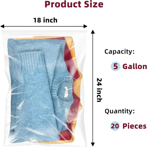 Large 5 Gallon Plastic Zipper Storage Bags, 18x24 Inches Clear Reclosable Storage Bags 20Pieces by Yotelab