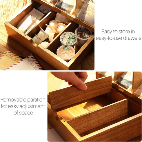 2 9 HTB Large Tea Organizer Tier with Drawer, Tea Bag Organizer with Acrylic Transparent Hinged Lid, Compartments