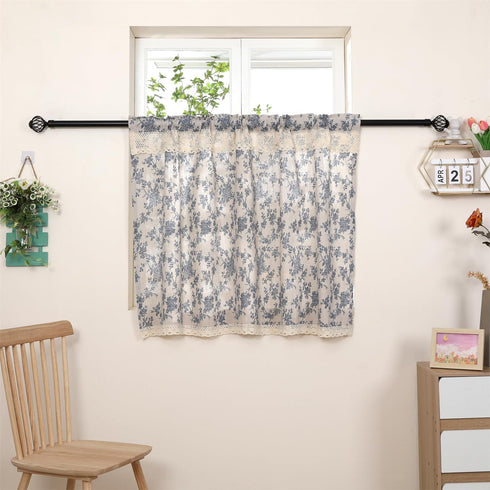 Farmhouse Cotton Linen Tier Curtain, 36 Inch Long Floral Lace Window Treatment, Vintage Orchid on Beige