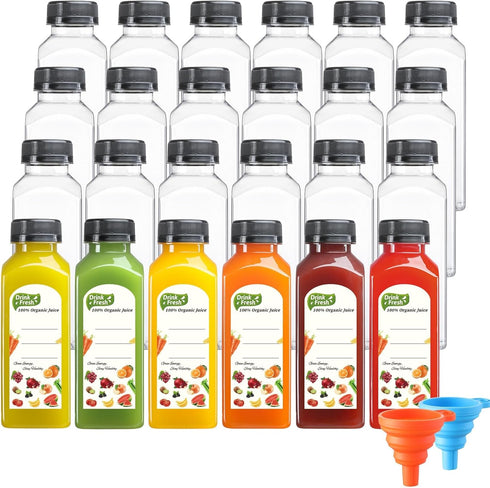 24 PACK, 12 OZ 24 2 Reusable Plastic Juice Bottles with Caps, Plus Labels & Silicone Funnels - Clear Juicing Bottles