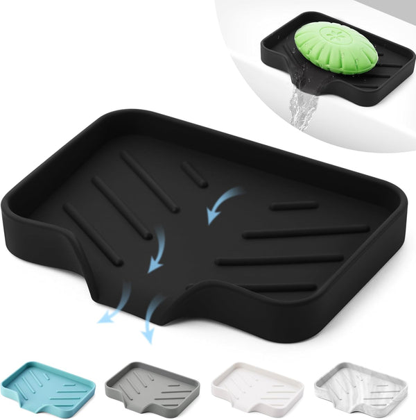 Black Silicone Soap Dish Tray, Self-Draining Holder for Bar Soap, Plastic-Free Soap Dishes for Kitchen Counter
