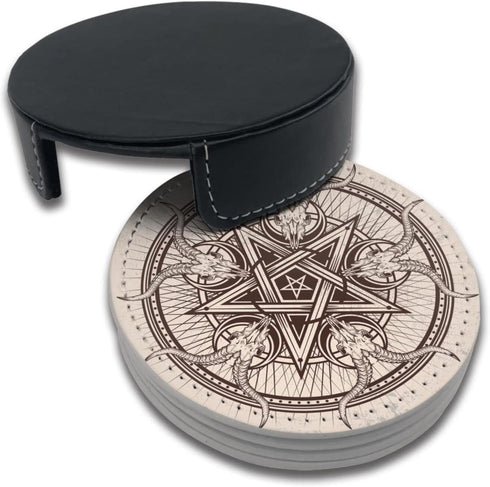 Yilad Set 6 Satan Goat Skull Coasters for Drinks with Holder Leather Coasters of for Coffee Table