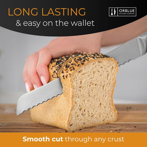 Orblue Serrated Bread Knife Ultra-Sharp Stainless Steel Professional Grade Bread Cutter - Cuts Thick Loaves Effortlessly - (8-Inch Blade with 5-Inch Handle), Blue by Orblue