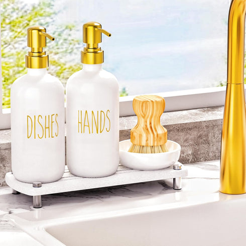 galasily Set Set Gold Soap Dispenser Comes with Stainless Steel Pumps, Instant Dry Tray, and Dish Scrub Brush, Kitchen