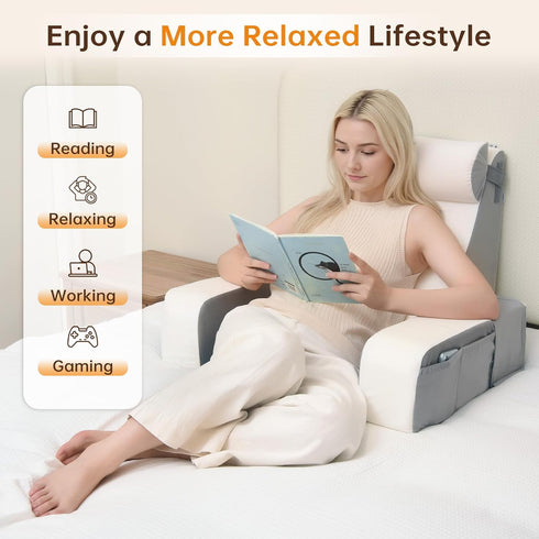 21" 60 Vekkia Reading Pillow for Sitting in Bed Ergonomic Wedge Back Pillow, XL Side Pockets, Support Chair for TV