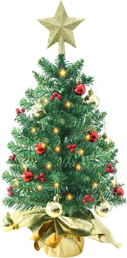 24 Inch Tabletop Mini Christmas Tree, Miniature Pine Tree with Hanging Ornaments, Battery Operated