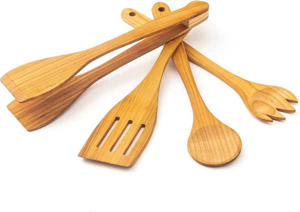 tuuli Kitchen 4-Piece Wooden Cooking Utensils Set, Durable Solid Cherry Wood (Spoon, Fork, Spatula, BBQ Tongs)