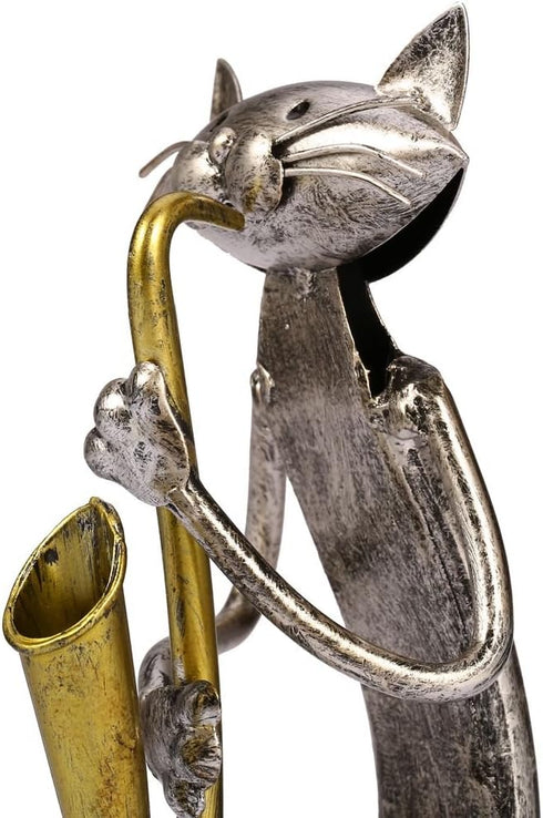 Too-arts A Playing Saxophone Cat Metal Sculpture, Iron Statue Handwork Handicrafts, 3 Funny Design