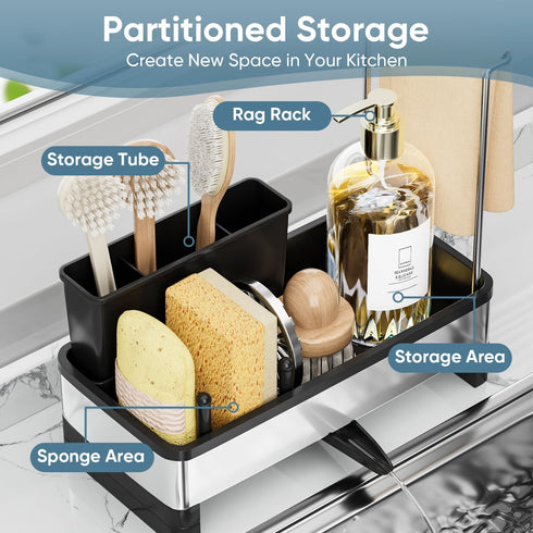 Countertop, VUSIGN Sponge Holder for Kitchen Sink, Sink Caddy Organizer with Brush Holder, Rustproof Stainless