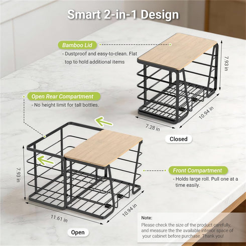 Sphakl 2 1 13/30/33 in Trash Bag Dispenser Under Sink, Large Garbage Bag Roll Holder with Bamboo Lid, Fits Gal Bags