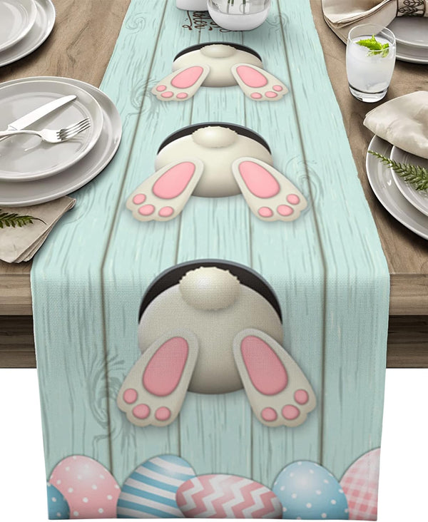 Easter Cotton Linen Table Runner, Bunny Tail Easter Eggs Rabbit Spring Flowers for Dinning Table Decor