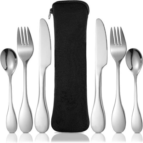 7 Pieces Portion Control Flatware Set, Stainless Steel Serving Spoons, Forks, Knives with Fabric Storage Bag