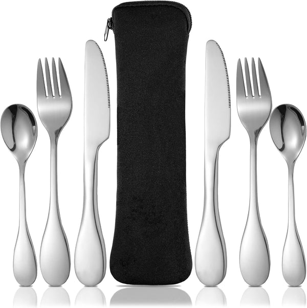 7 Pieces Portion Control Flatware Set, Stainless Steel Serving Spoons, Forks, Knives with Fabric Storage Bag
