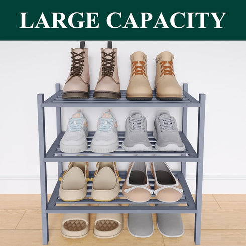3-Tier, Closet, Smiry Small Bamboo Shoe Rack Stackable Wooden Shoe Organizer for Entryway & Free Standing Wood Shoe